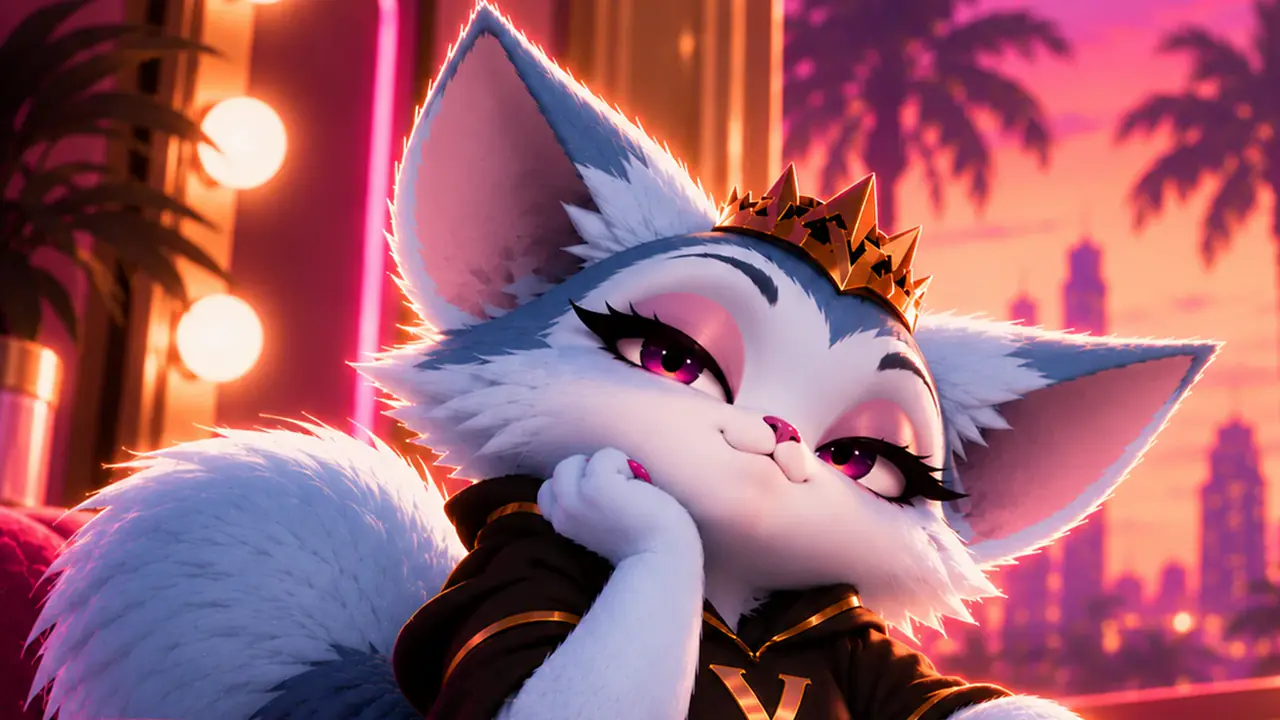 The Baddie in their room: a dressing room over a city at sunset.
